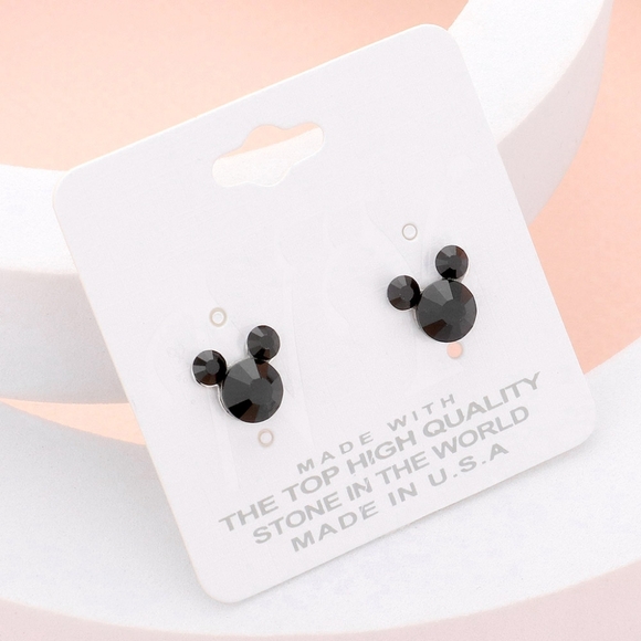 Jet Black Mouse Rhinestone Crystal Stud Earrings Statement Jewelry - Picture 1 of 3